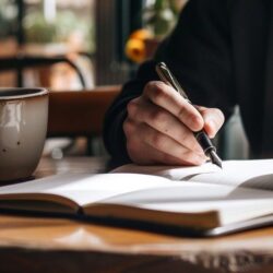 Hand skriver med penna i en öppen anteckningsbok bredvid kaffe